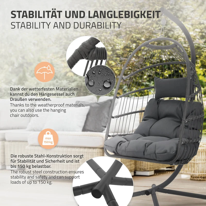 Hängesessel 100x105x195 cm Dunkelgrau aus Polyester mit Gestell und Kissen ML-Design
