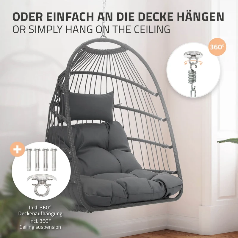 Hängesessel 100x105x195 cm Dunkelgrau aus Polyester mit Gestell und Kissen ML-Design