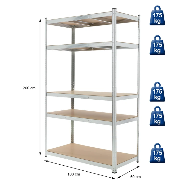 Werkstattregal 2er Set 200x100x60 cm Silber aus MDF Holzfaserplatte und Metall belastbar bis 875 kg