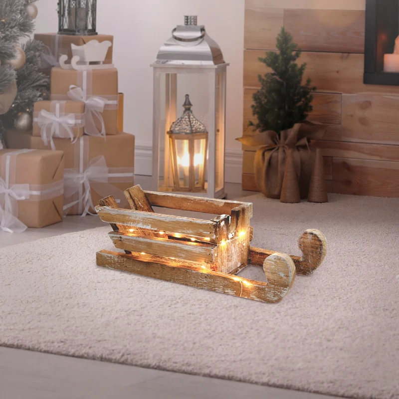 Deko Holzschlitten mit LED Lichterkette warmweiß aus Holz
