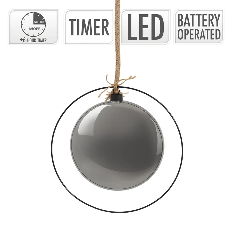 LED Weihnachtskugel Ø15 cm Grau aus Metall mit warmweißen LEDs