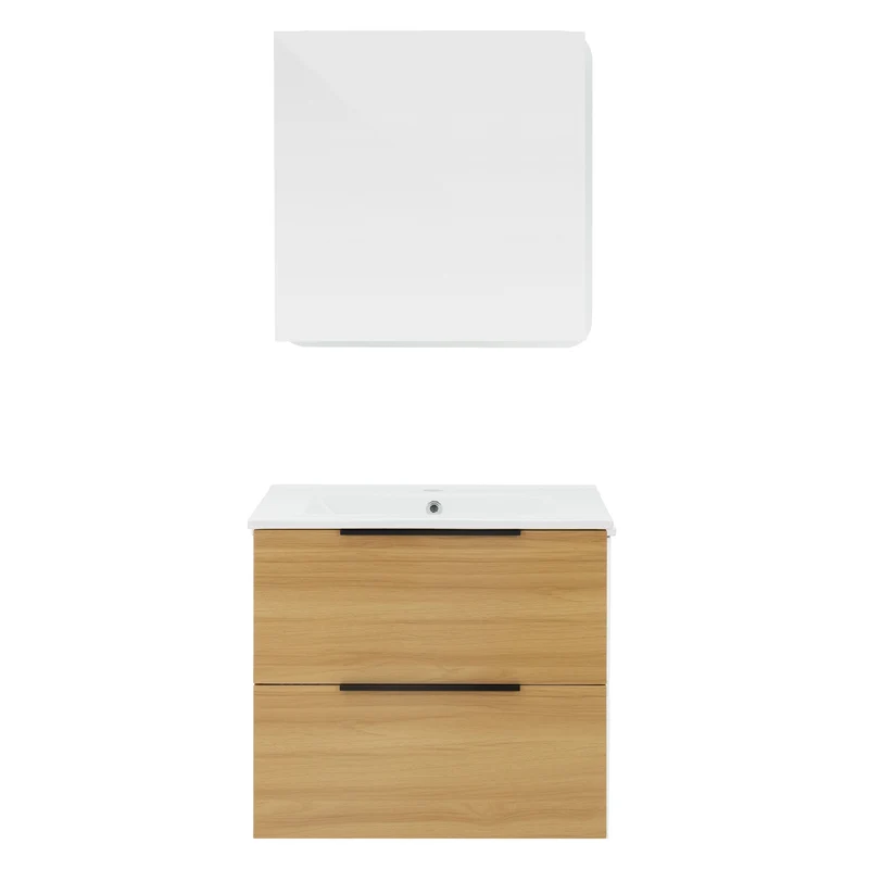Badmöbel Badezimmermöbel Set 3-Teilig Spiegelschrank Unterschrank Waschbecken Optik in Teak ML-Design