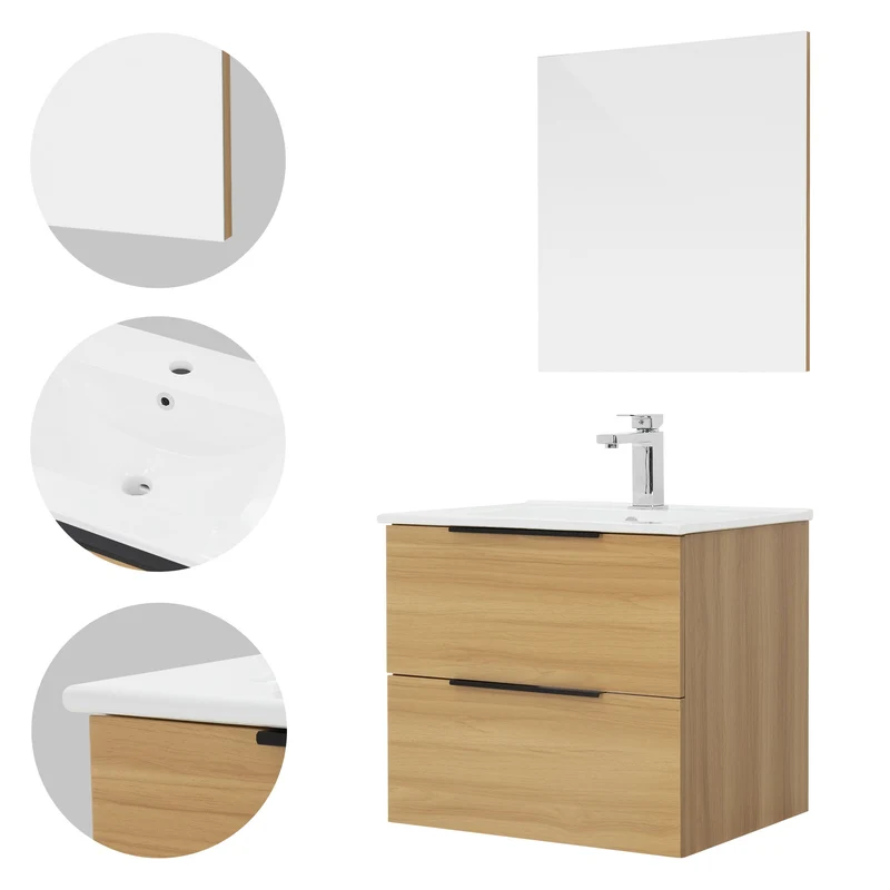 Badmöbel Badezimmermöbel Set 3-Teilig Spiegelschrank Unterschrank Waschbecken Optik in Teak ML-Design
