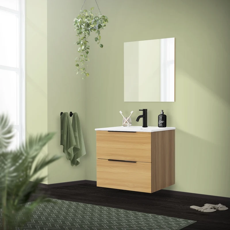 Badmöbel Badezimmermöbel Set 3-Teilig Spiegelschrank Unterschrank Waschbecken Optik in Teak ML-Design