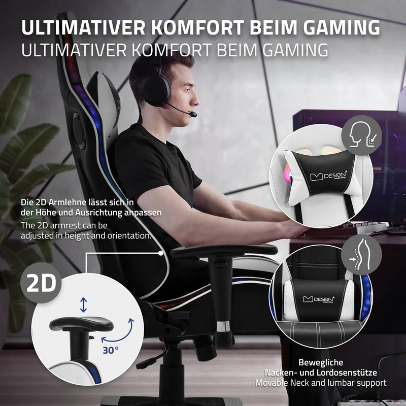 Gamingstuhl mit RGB Beleuchtung & Bluetoothboxen Schwarz/Weiß aus Kunstleder ML-Design