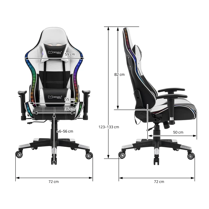 Gamingstuhl mit RGB Beleuchtung & Bluetoothboxen Schwarz/Weiß aus Kunstleder ML-Design