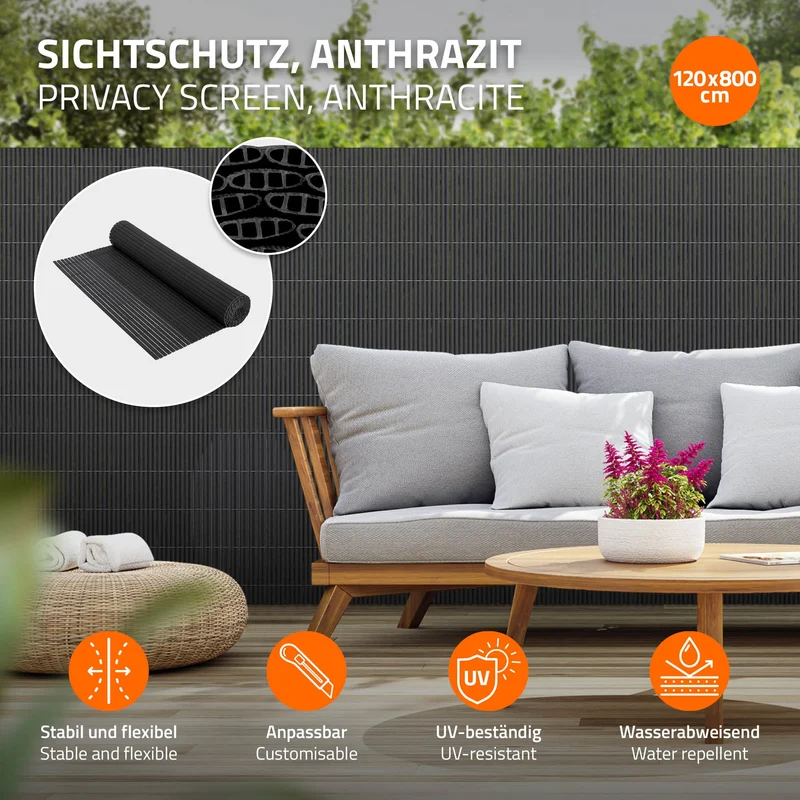 Sichtschutzmatte 120x800 cm Sichtschutzzaun Windschutz Balkonschutz PVC Anthrazit UV-beständig