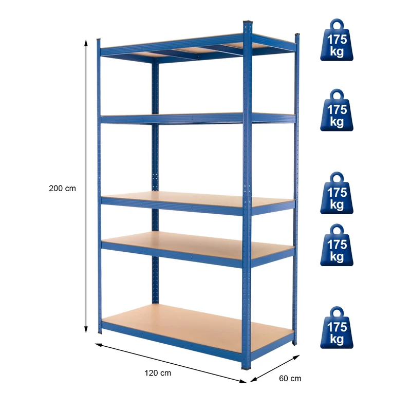 Werkstattregal 2er Set 200x120x60 cm Blau aus Metall und MDF Holzfaserplatte bis 875 kg