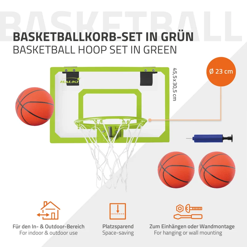 Basketballkorb Set mit 3 Bällen 45,5x30,5 cm Grün aus Nylon und Kunststoff