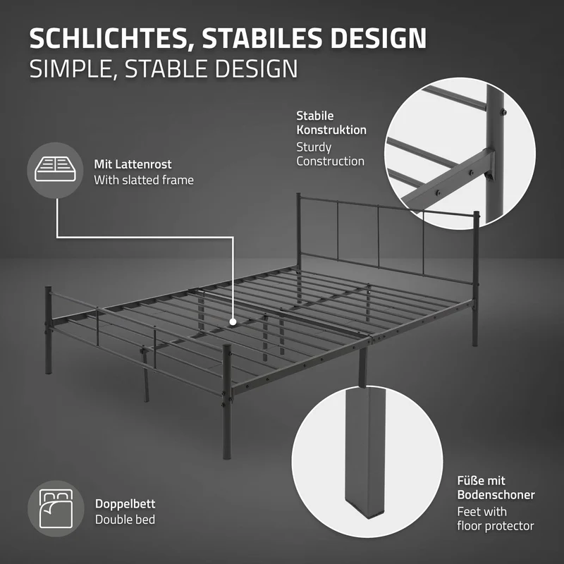 Bettgestell Doppelbett 140x200 cm aus Metall in Anthrazit mit Kopteil & Lattenrost ML-Design