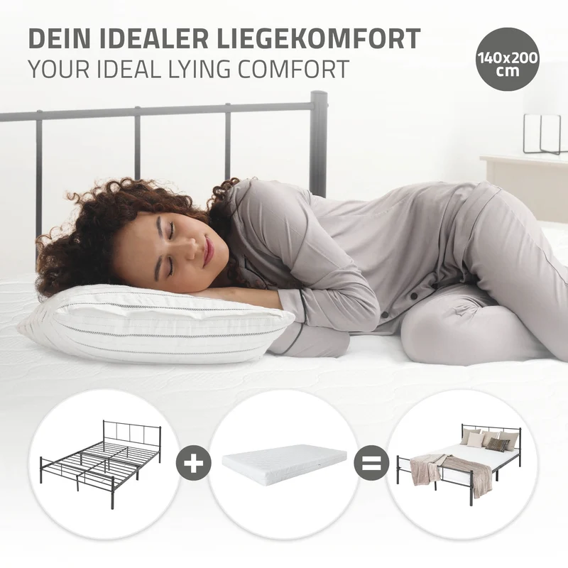 Bettgestell Doppelbett 140x200 cm aus Metall in Anthrazit mit Kopteil & Lattenrost ML-Design