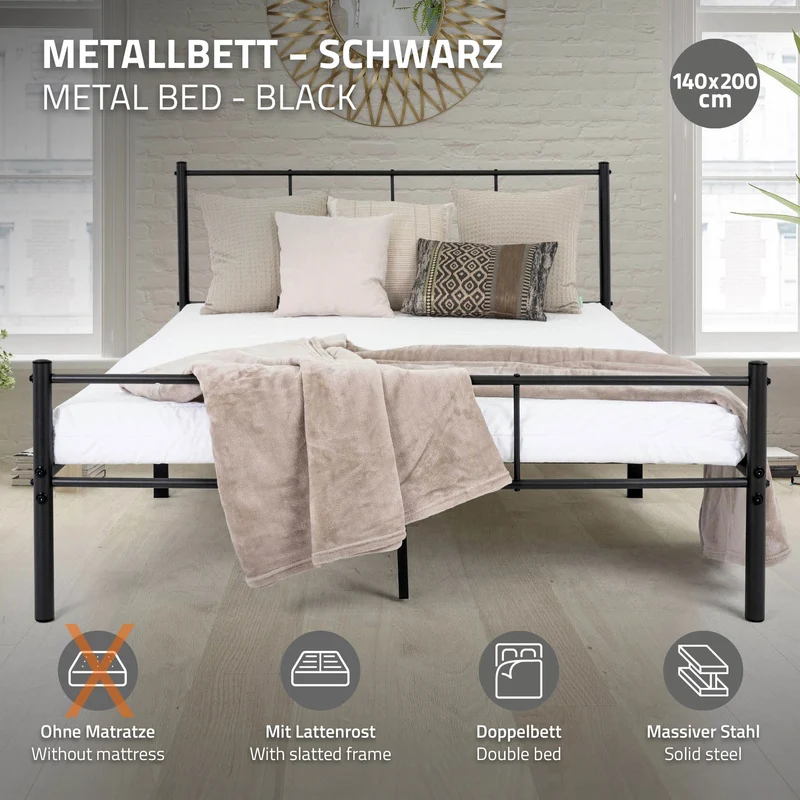 Bettgestell Doppelbett 140x200 cm aus Metall in Schwarz mit Kopteil & Lattenrost ML-Design