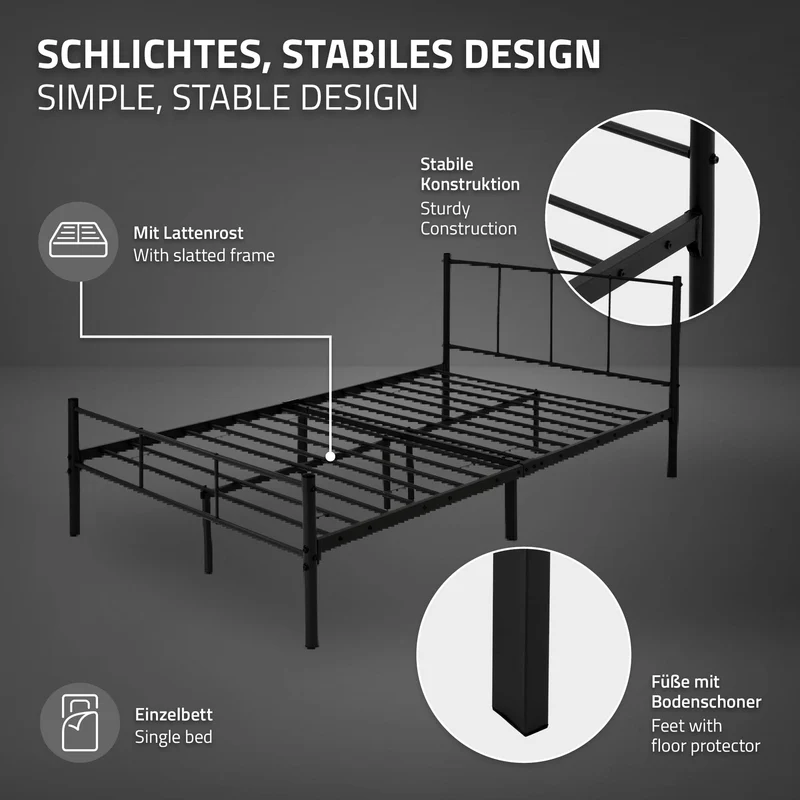 Bettgestell Doppelbett 120x200 cm aus Metall in Schwarz mit Kopteil & Lattenrost ML-Design