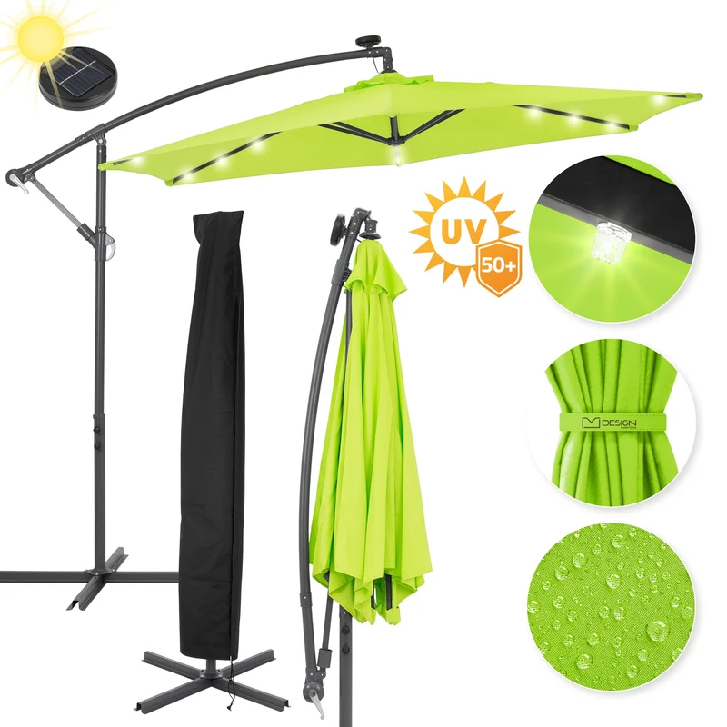 Sonnenschirm mit LED-Solar Grün Ø 300 cm mit Kurbel inkl. Abdeckung Ampelschirm