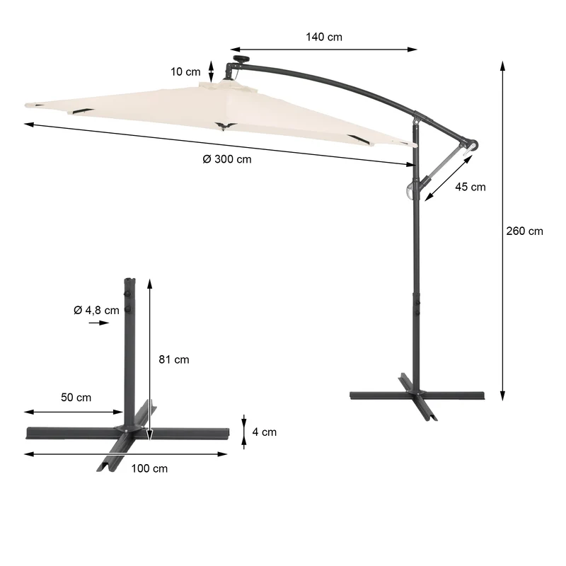 Sonnenschirm mit LED-Solar Creme Ø 300 cm mit Kurbel inkl. Abdeckung Ampelschirm