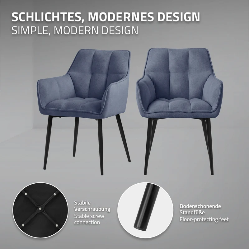 Esszimmerstuhl 6er Set Blau aus Frotteestoff mit dickem gepolsterter Sitz ML-Design