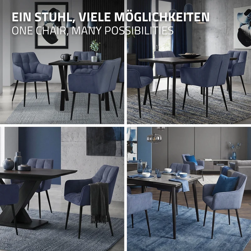 Esszimmerstuhl 4er Set Blau aus Frotteestoff mit dickem gepolsterter Sitz ML-Design
