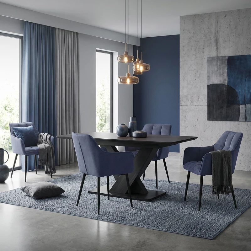 Esszimmerstuhl 4er Set Blau aus Frotteestoff mit dickem gepolsterter Sitz ML-Design