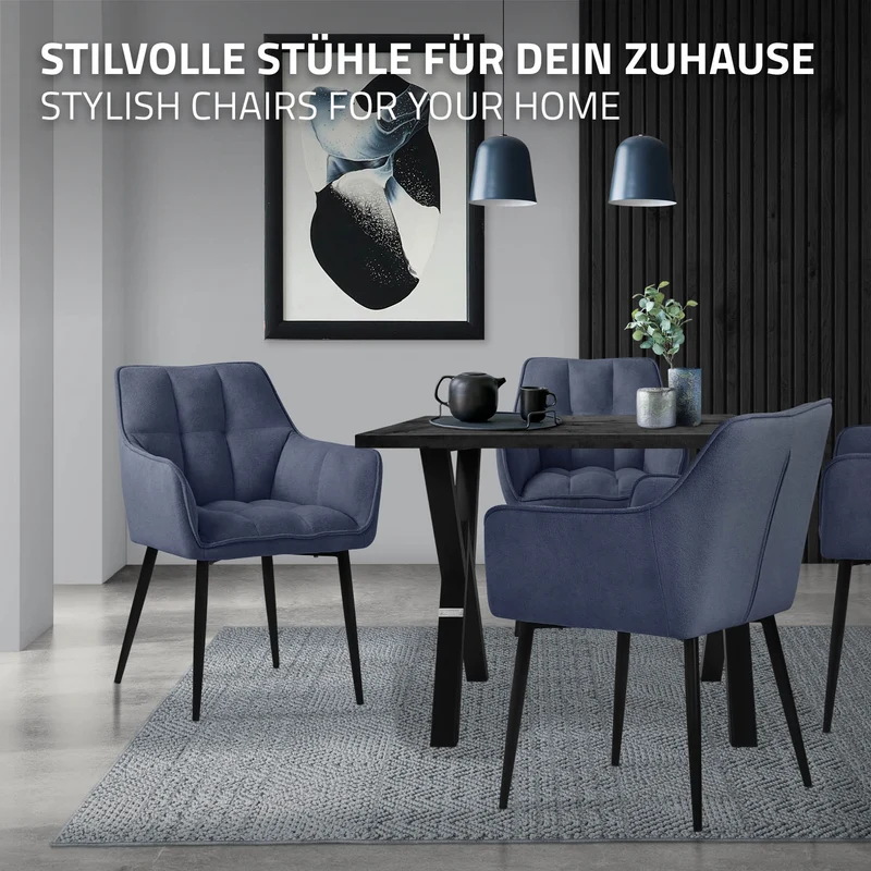 Esszimmerstuhl 2er Set Blau aus Frotteestoff mit dickem gepolsterter Sitz ML-Design