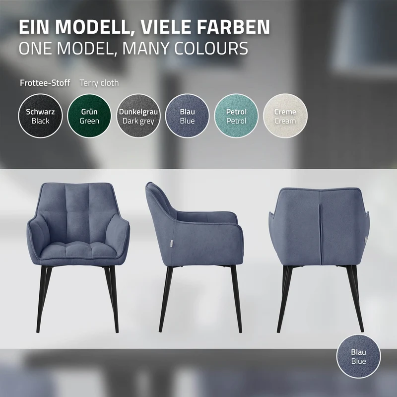 Esszimmerstuhl 2er Set Blau aus Frotteestoff mit dickem gepolsterter Sitz ML-Design