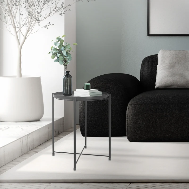 Beistelltisch Rund mit Tablett 45x52 cm Grau aus Metall ML-Design