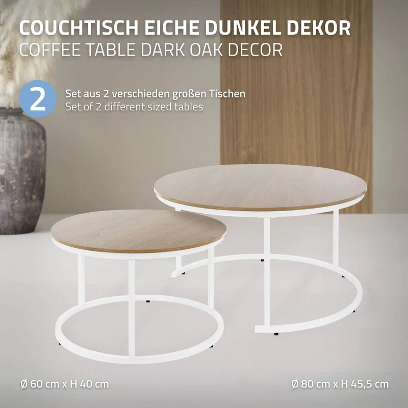 Couchtisch 2er Set Weiß Holzdekor mit Metallgestell ML-Design