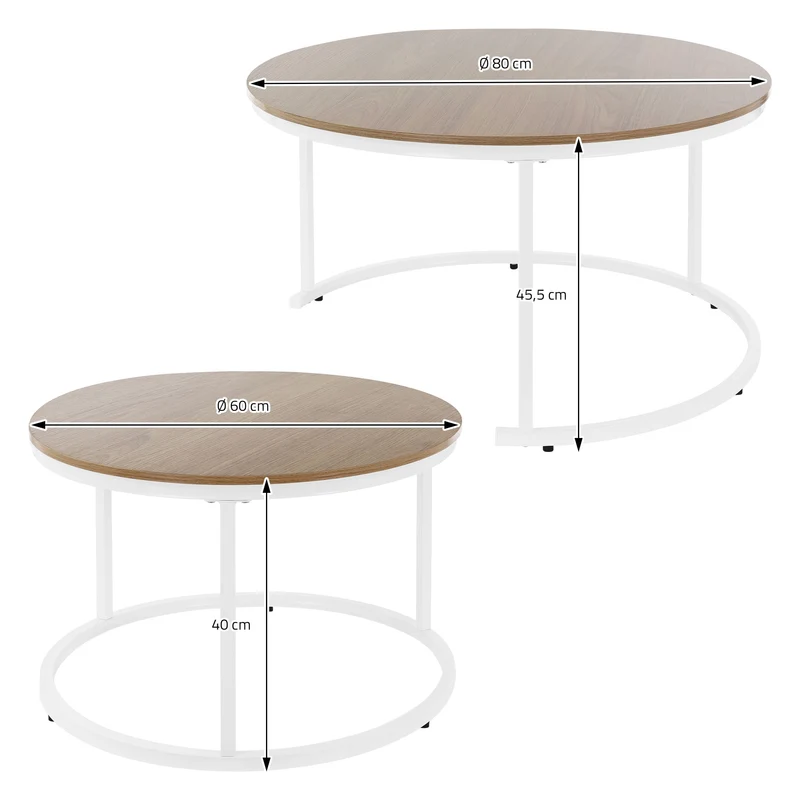 Couchtisch 2er Set Weiß Holzdekor mit Metallgestell ML-Design