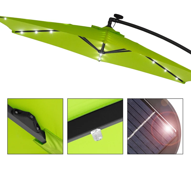 Ampelschirm mit LED-Solar und Kurbel Grün Ø 300 cm aus Aluminium und Polyester
