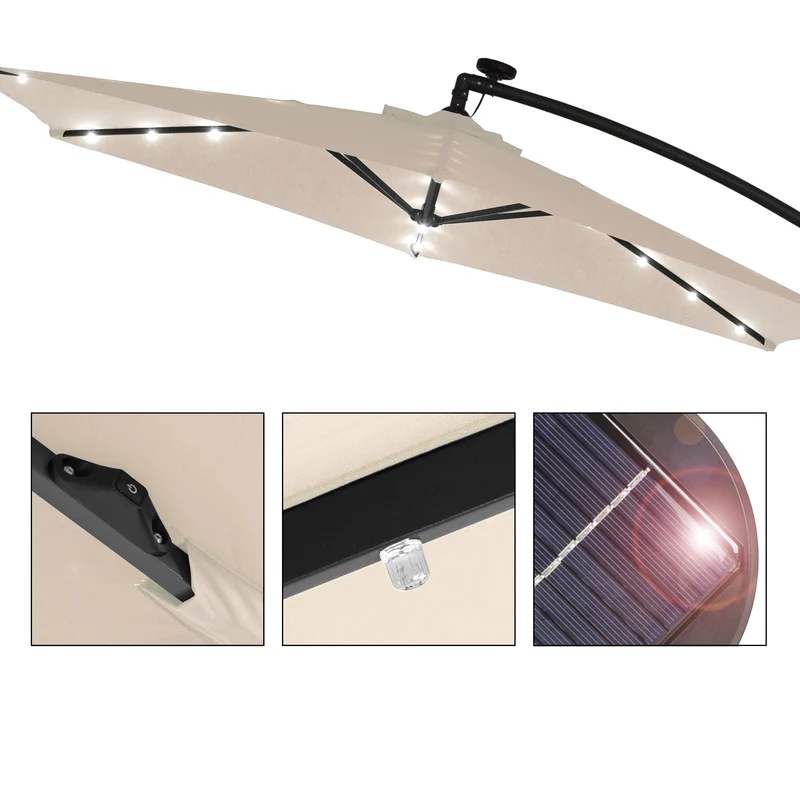 Sonnenschirm mit LED-Solar und Kurbel Creme Ø 300 cm aus Aluminium und Polyester Ampelschirm