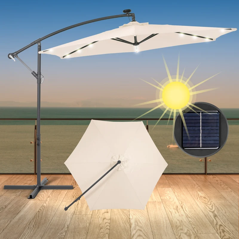 Sonnenschirm mit LED-Solar und Kurbel Creme Ø 300 cm aus Aluminium und Polyester Ampelschirm