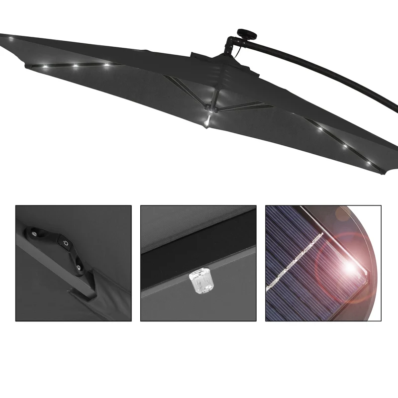 Ampelschirm mit LED-Solar und Kurbel anthrazit Ø 300 cm aus Aluminium und Polyester