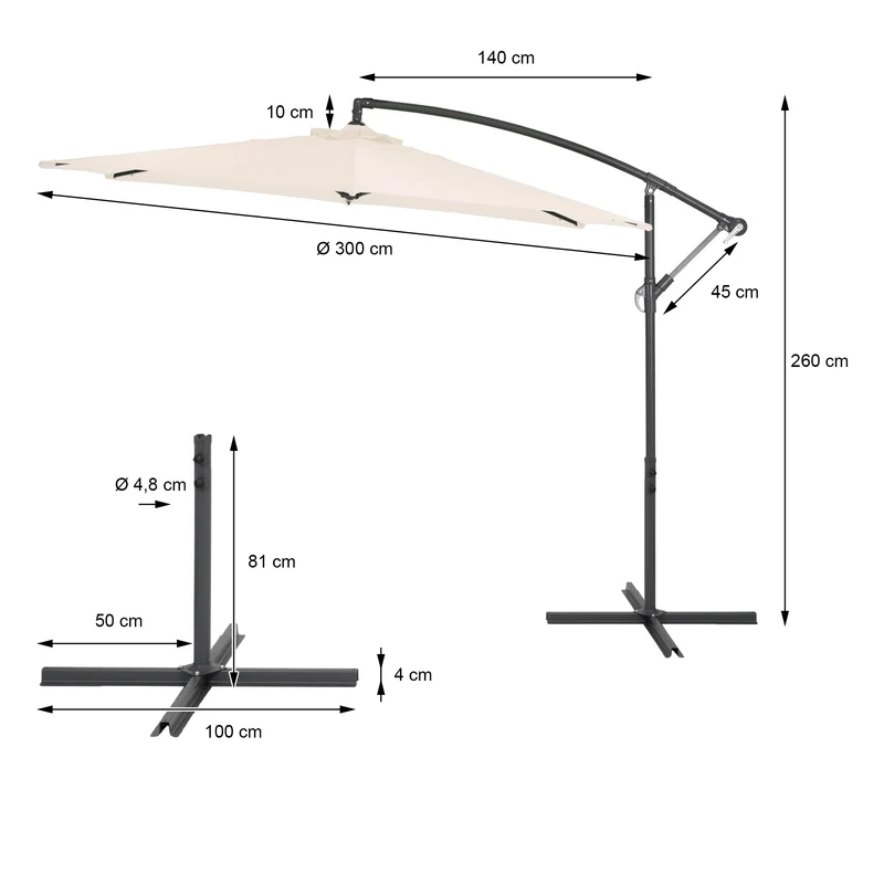 Sonnenschirm mit Kurbel Creme Ø 300 cm aus Aluminium und Polyester