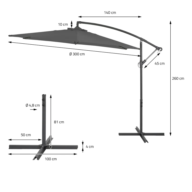 Ampelschirm mit Kurbel anthrazit Ø 300 cm aus Aluminium und Polyester