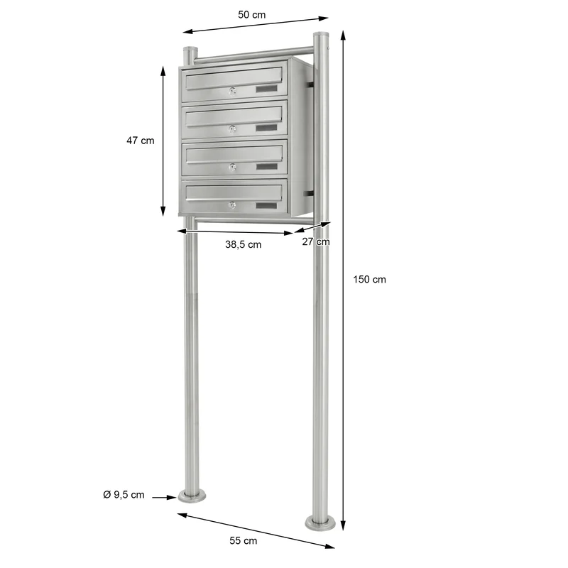 Briefkastenanlage mit Standfuß 4 Fach Silber 50x150x27 cm aus Edelstahl