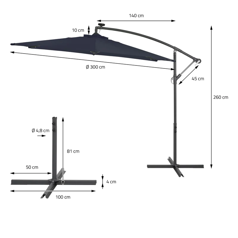 Ampelschirm Ø 300 cm Navy-Blau inklusive Schirmständer 90L/120kg