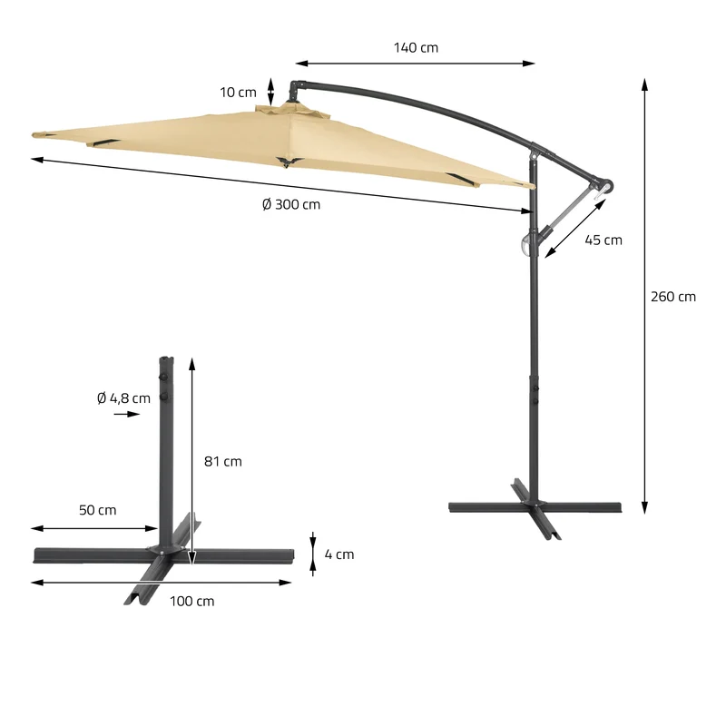 Ampelschirm Ø 300 cm Creme inklusive Schirmständer 90L/120kg