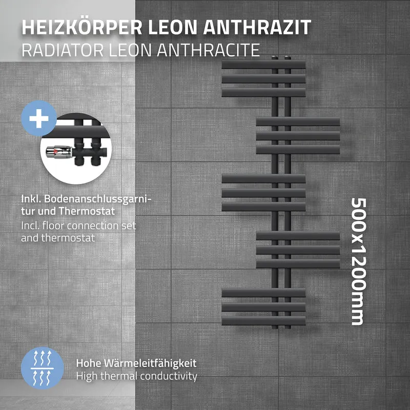 Badheizkörper Leon 500x1200 mm Antrazit mit Boden Anschlussgarnitur
