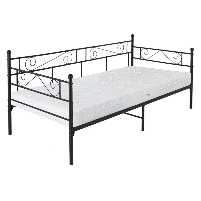 Bettgestell Einzelbett 90x200cm aus Metall in Schwarz mit Lattenrost, Seitenwand & Matratze H-16cm ML-Design