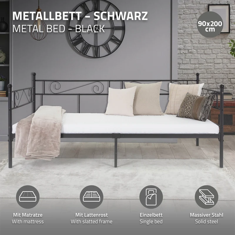 Bettgestell Einzelbett 90x200cm aus Metall in Schwarz mit Lattenrost, Seitenwand & Matratze H-16cm ML-Design