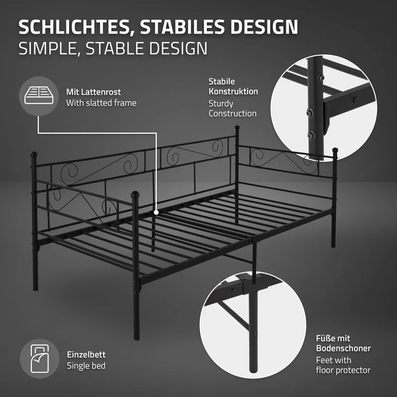 Bettgestell Einzelbett 90x200cm aus Metall in Schwarz mit Lattenrost, Seitenwand & Matratze H-16cm ML-Design