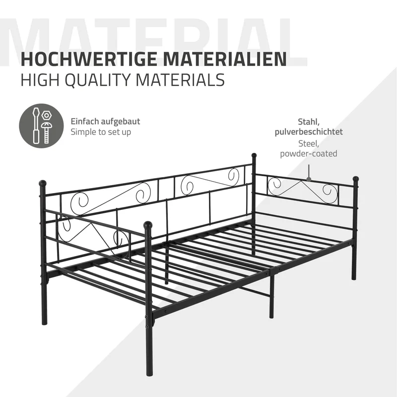 Bettgestell Einzelbett 90x200cm aus Metall in Schwarz mit Lattenrost, Seitenwand & Matratze H-16cm ML-Design