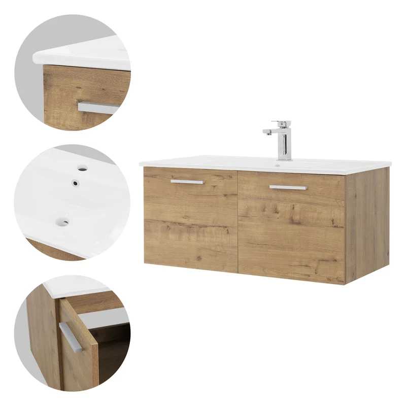 Badmöbel Badezimmermöbel Set 2-Teilig Unterschrank Waschbecken 91x42x45 cm Optik in Roteiche ML-Design