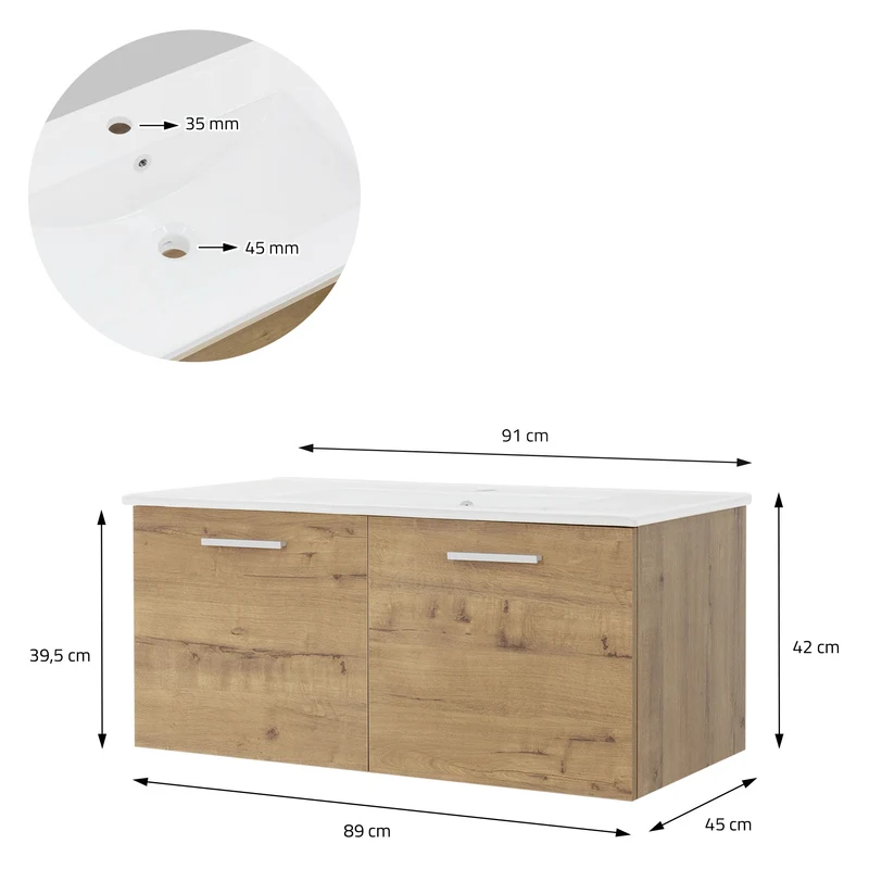 Badmöbel Badezimmermöbel Set 2-Teilig Unterschrank Waschbecken 91x42x45 cm Optik in Roteiche ML-Design