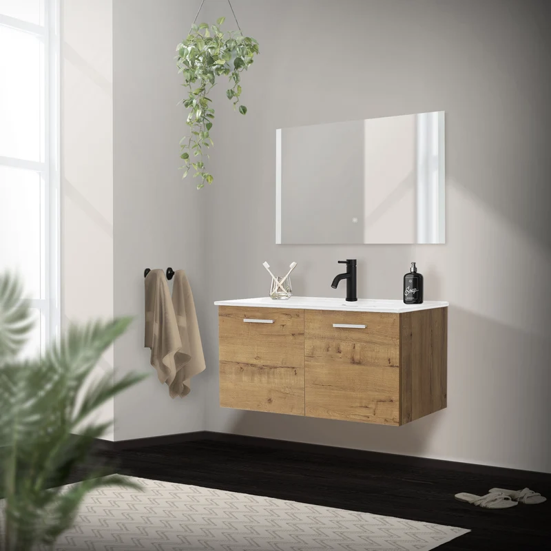 Badmöbel Badezimmermöbel Set 2-Teilig Unterschrank Waschbecken 91x42x45 cm Optik in Roteiche ML-Design