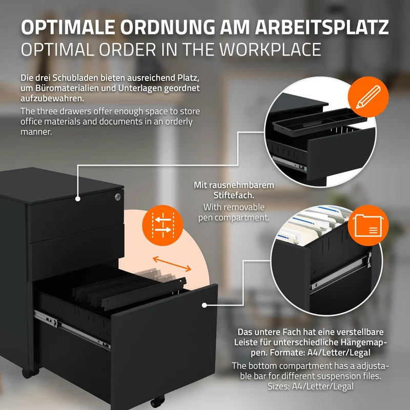 Rollcontainer mit drei Schubladen 39x50x56 cm Anthrazit aus Stahl ML-Design