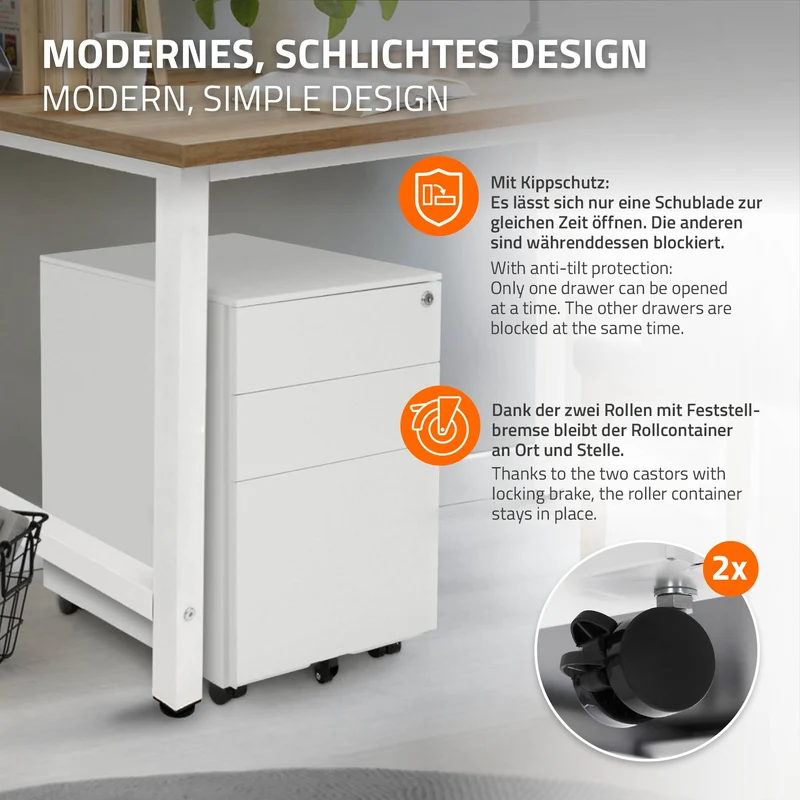 Rollcontainer mit drei Schubladen 39x50x56 cm Weiß aus Stahl ML-Design
