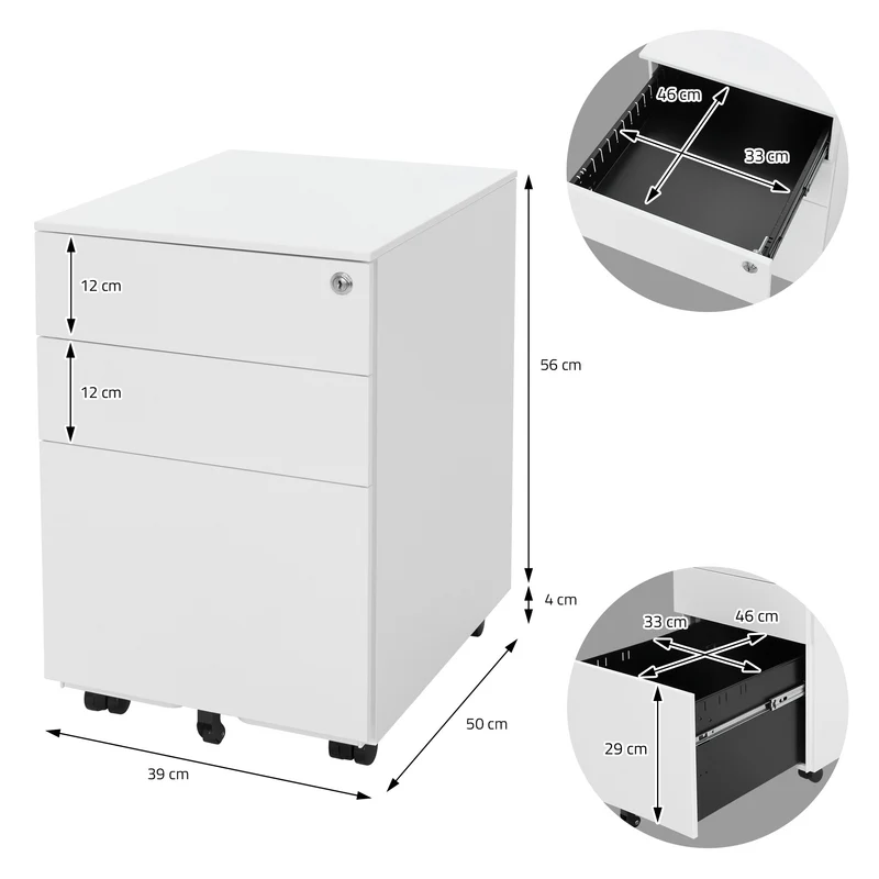 Rollcontainer mit drei Schubladen 39x50x56 cm Weiß aus Stahl ML-Design