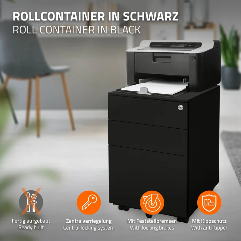 Rollcontainer mit drei Schubladen 39x50x56 cm Schwarz aus Stahl ML-Design