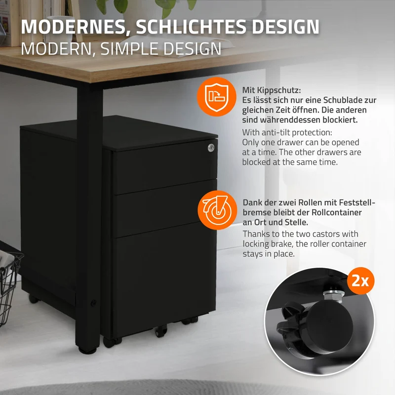 Rollcontainer mit drei Schubladen 39x50x56 cm Schwarz aus Stahl ML-Design