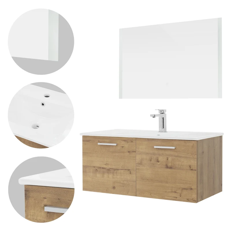 Badmöbel Set 3-Teilig Roteiche aus MDF 90cm Breite ML-Design